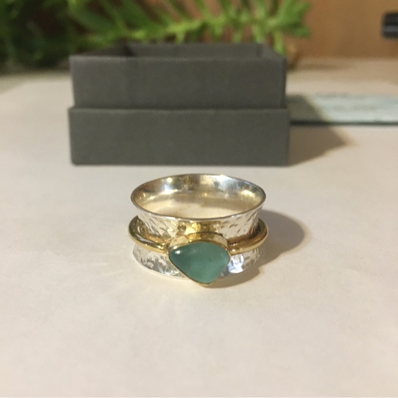 Lita Sea Glass Jewelry - Lita Sea Glass 925 & 14 K  Ring With Blue Green Stone Size 9 NIB